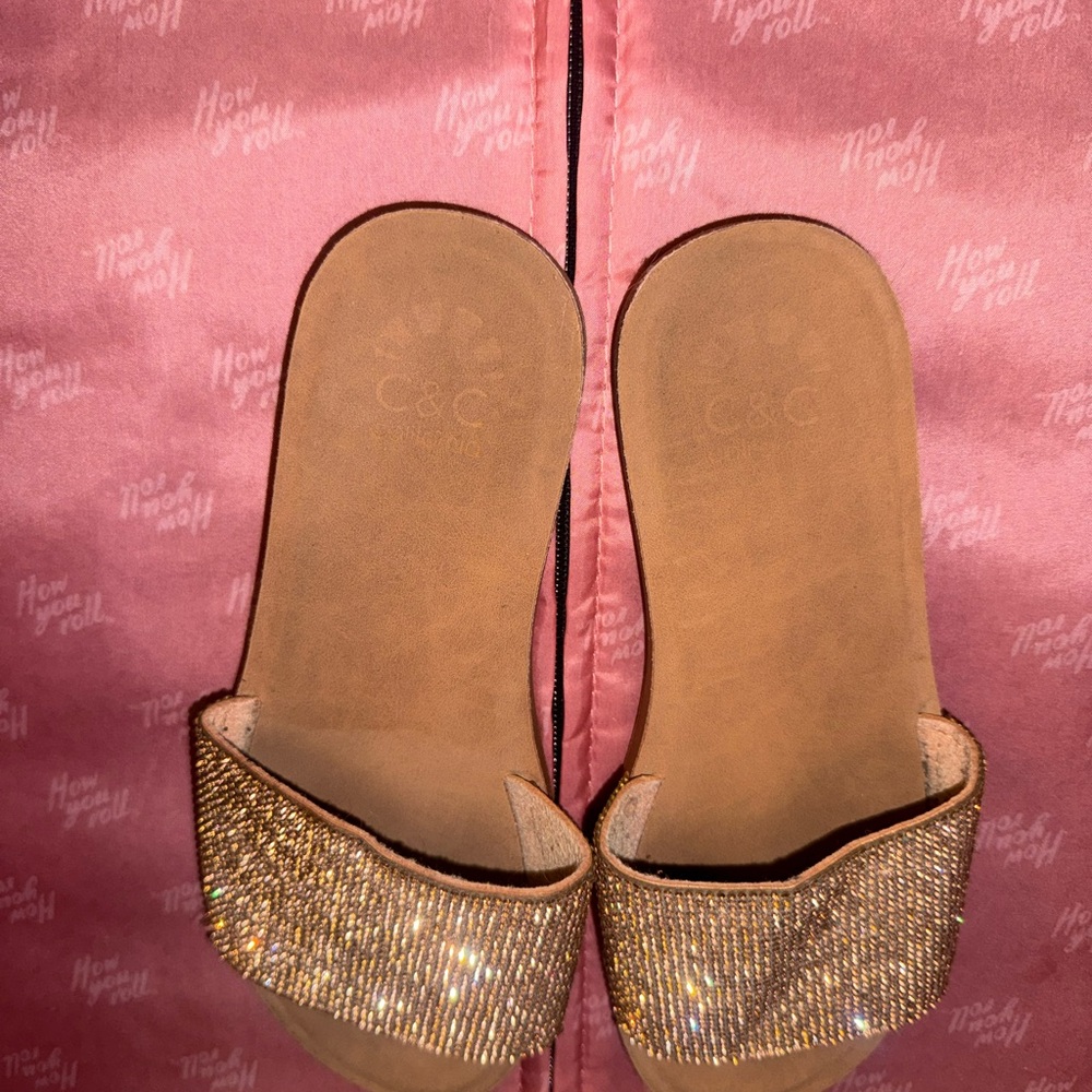 C.C Gold Sandals with Rhinestone Embellishments